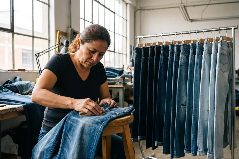 Una mujer lija a mano unos jeans, junto a un perchero con distintos lavados