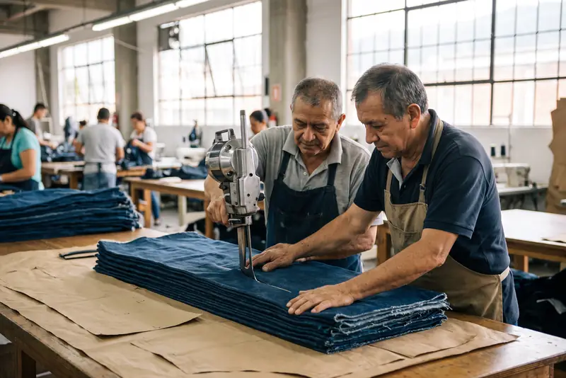 Dos personas cortan capas de denim índigo con una cortadora vertical