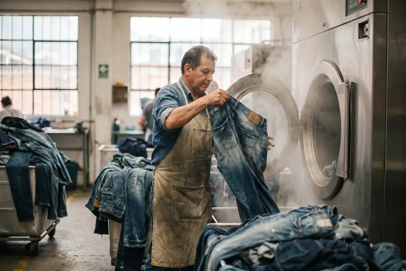 Un trabajador saca jeans recién lavados de una lavadora industrial
