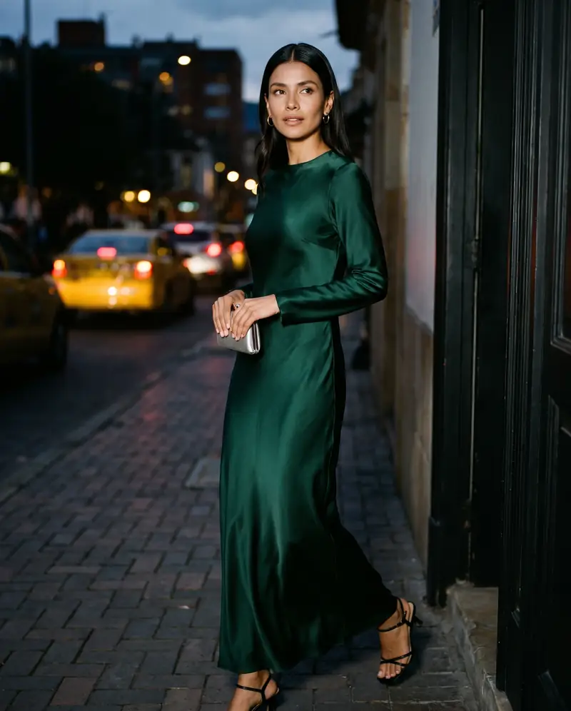 Mujer con vestido largo de satín verde esmeralda en una calle de noche
